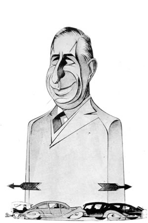 Caricatura de Alvarez en Caras y Caretas de Justiniano Allende Posse, presidente de la Dirección Nacional de Vialidad.